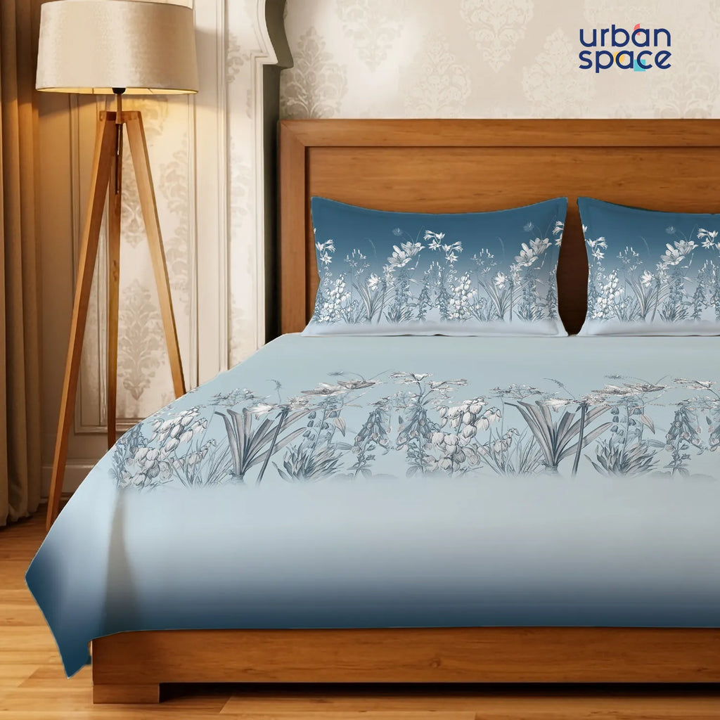 Serene 300 TC 100% Cotton Bedsheet with Pillow Covers, Panel Design - Aranya Blue