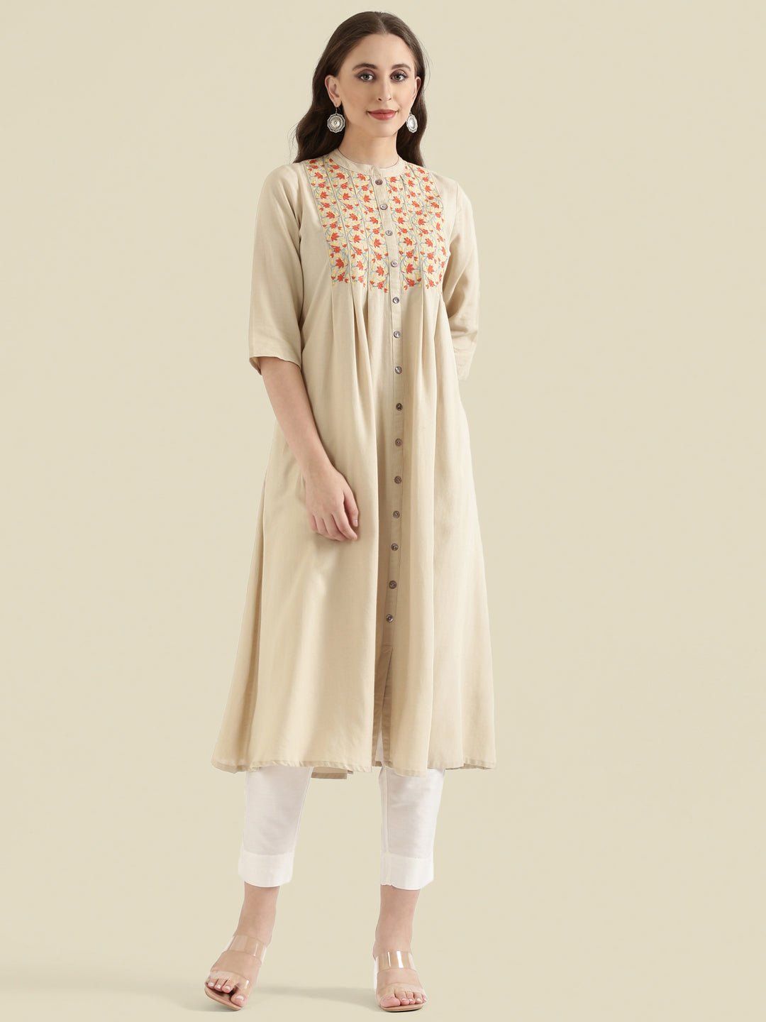 Floral Vine Embroidered Yoke A-Line Long Kurta