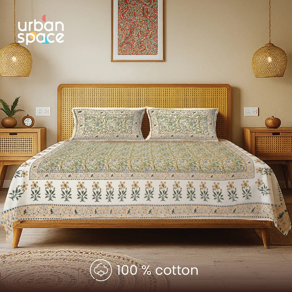 Rajasthani Ethnic 100% Cotton Bedsheet with 2 Pillow Covers, Double & King Bed - Rangrez Yellow