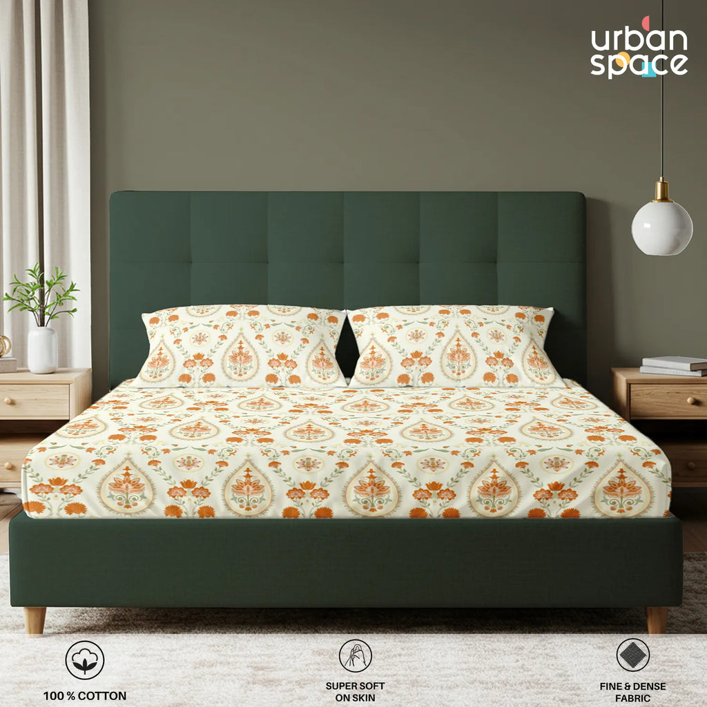 Serene 200 TC 100% Cotton Bedsheet with Pillow Covers - Persian Courtyard Buttercream