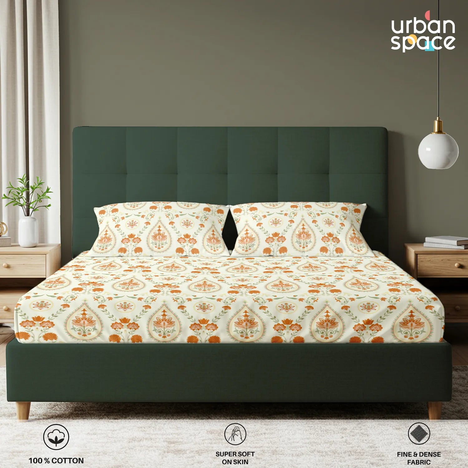 Serene 200 TC 100% Cotton Bedsheet with Pillow Covers - Persian Courtyard Buttercream