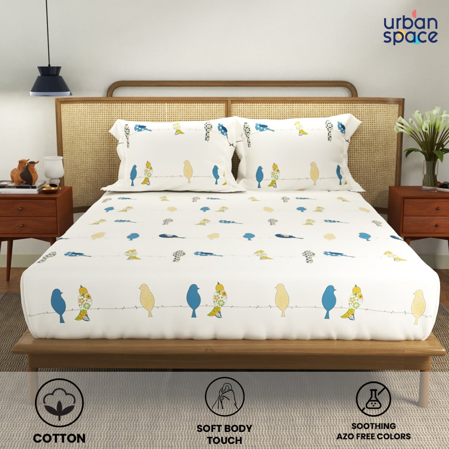 Divine Collection - Cotton Bedsheet With 2 Pillow Covers, Humming Bird Blue