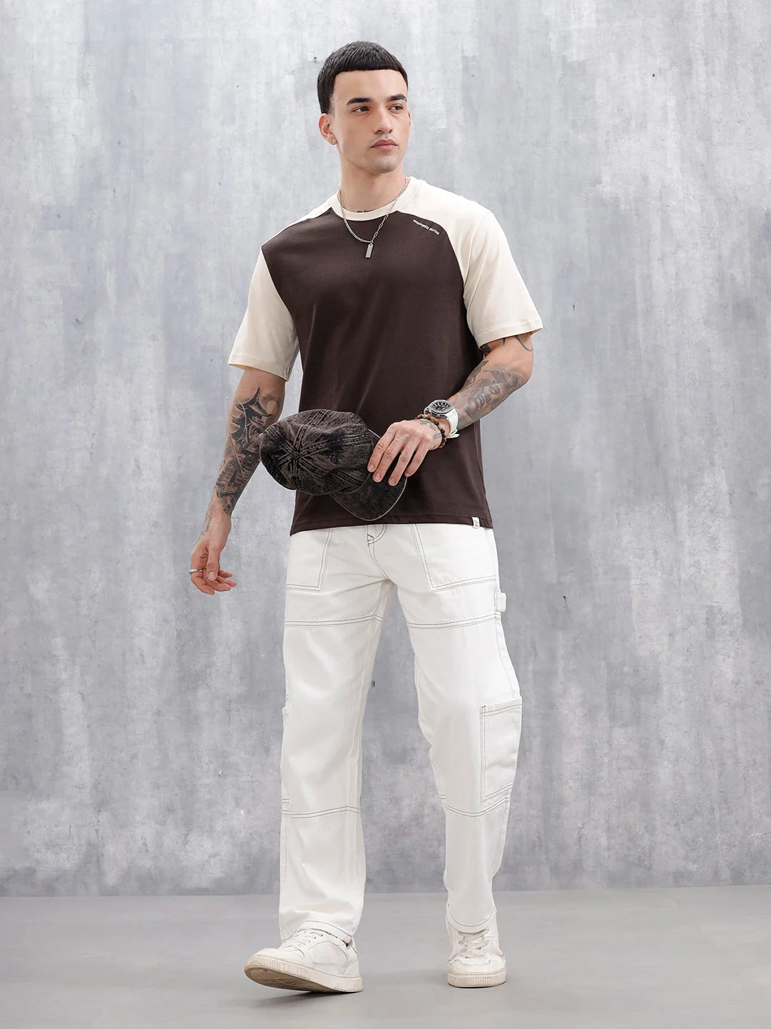 Wrogn Men's Casual Colorblocked T-Shirt  | Dark Brown