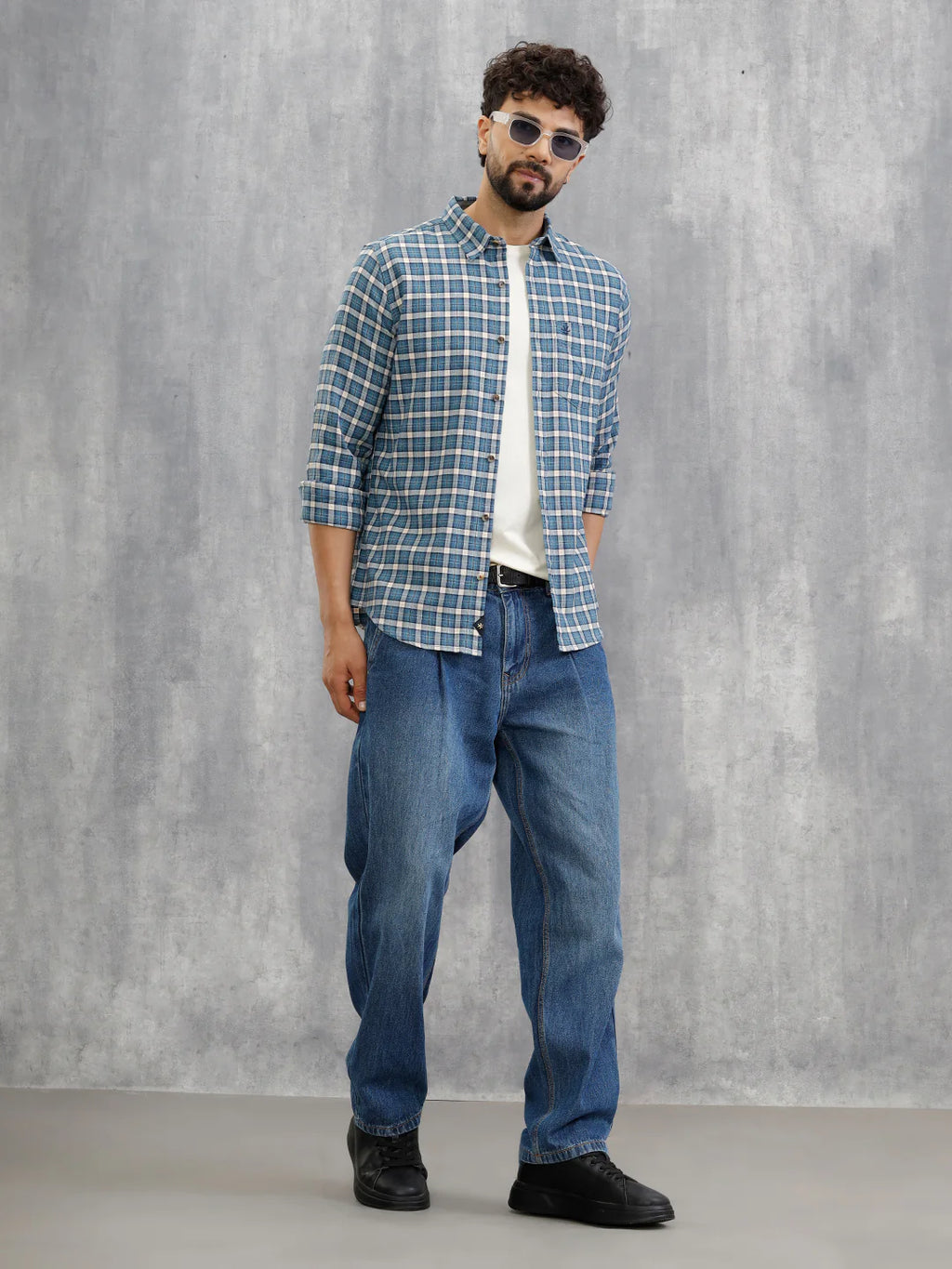 Micro Check Shirt In Seersucker Fabric | Blue