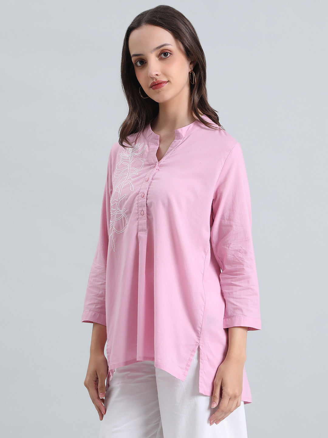 Cambric Cotton Thread Embroidered Mandarin Collar Longline Shirt