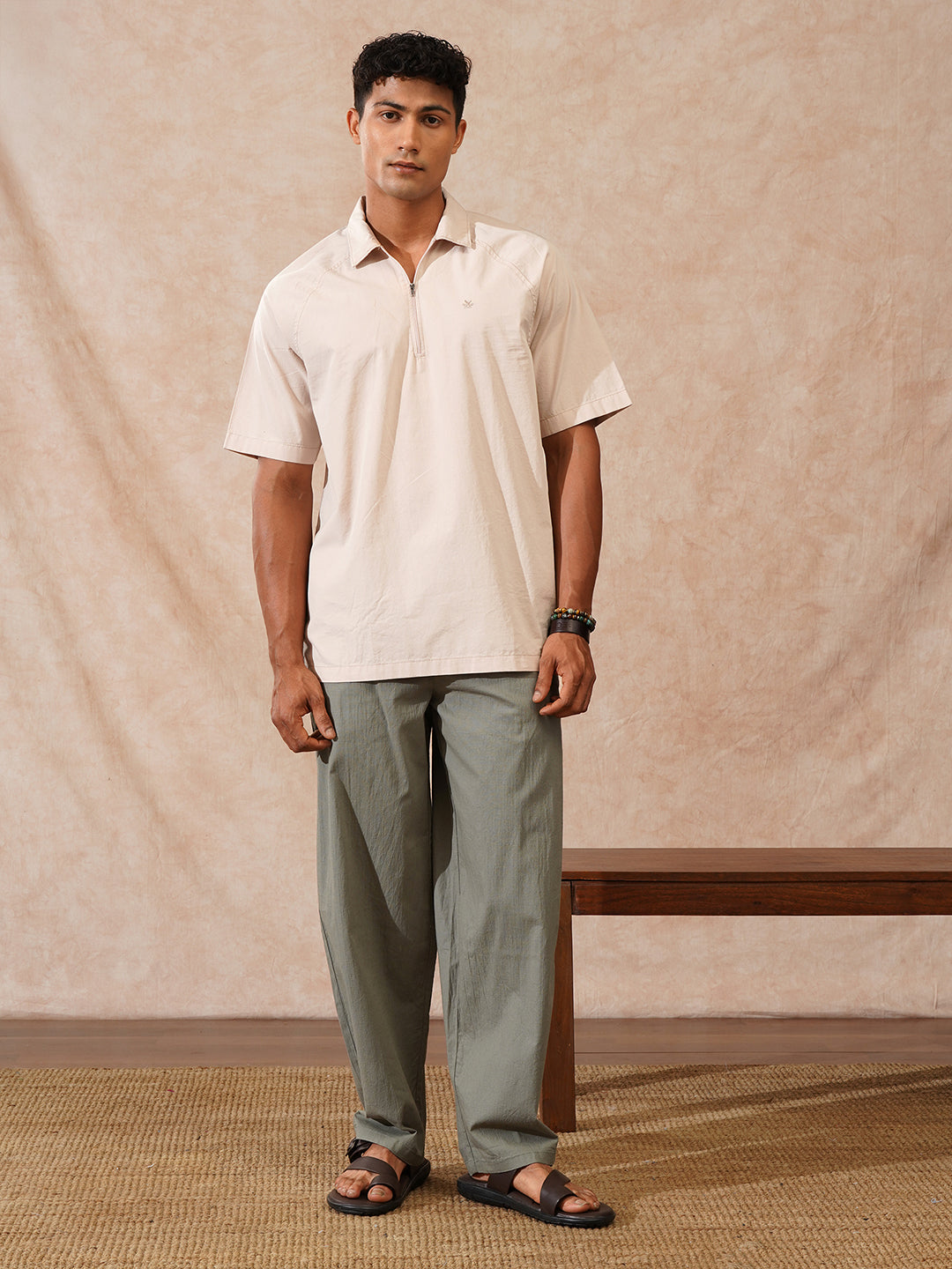 Solid Polo Collar Shirt | Beige