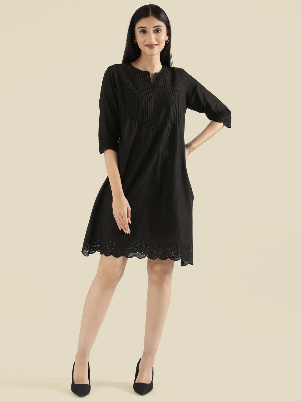 Cambric Cotton Pin-Tuck Schiffli Hakoba Midi Dress