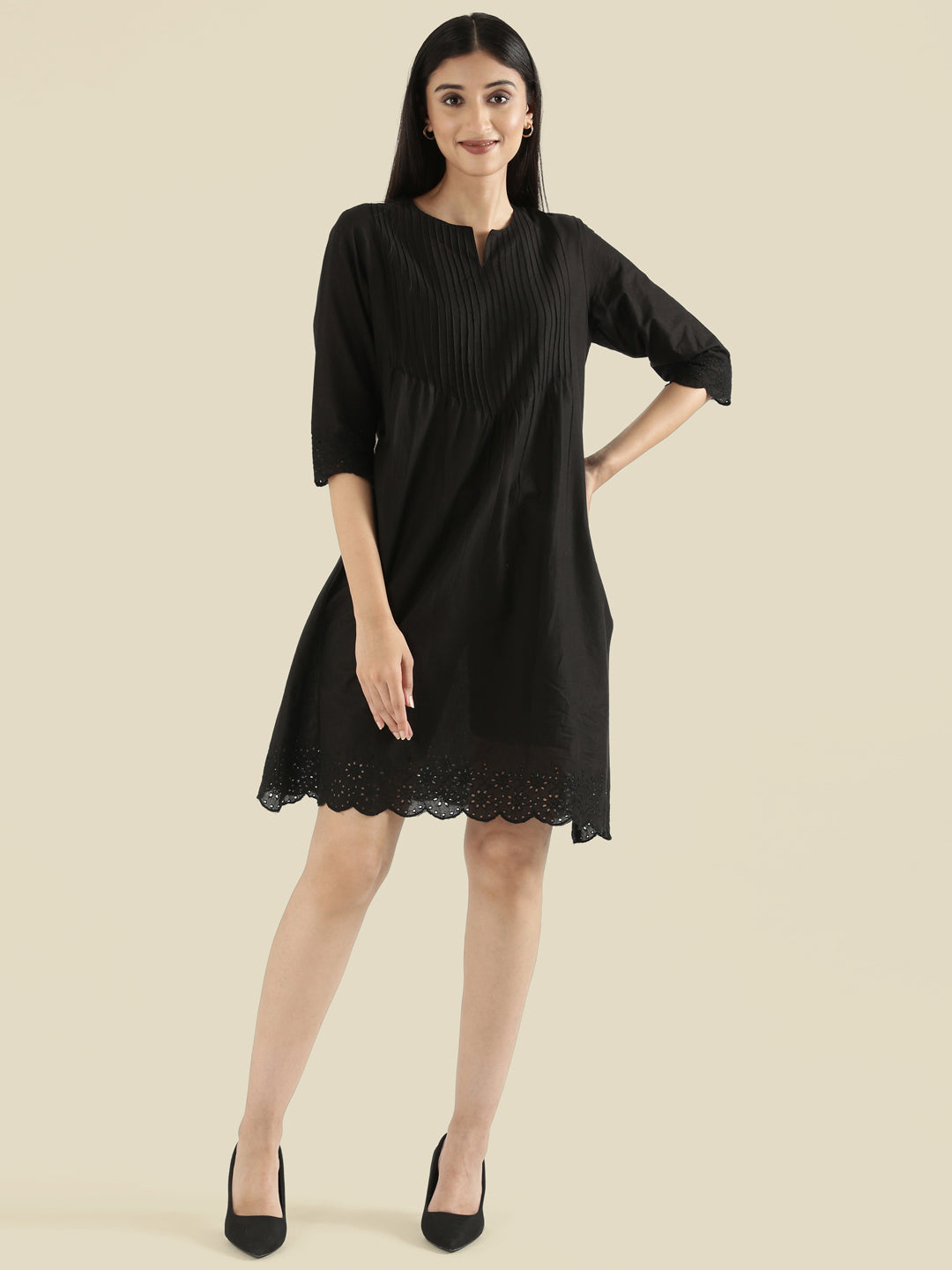 Cambric Cotton Pin-Tuck Schiffli Hakoba Midi Dress