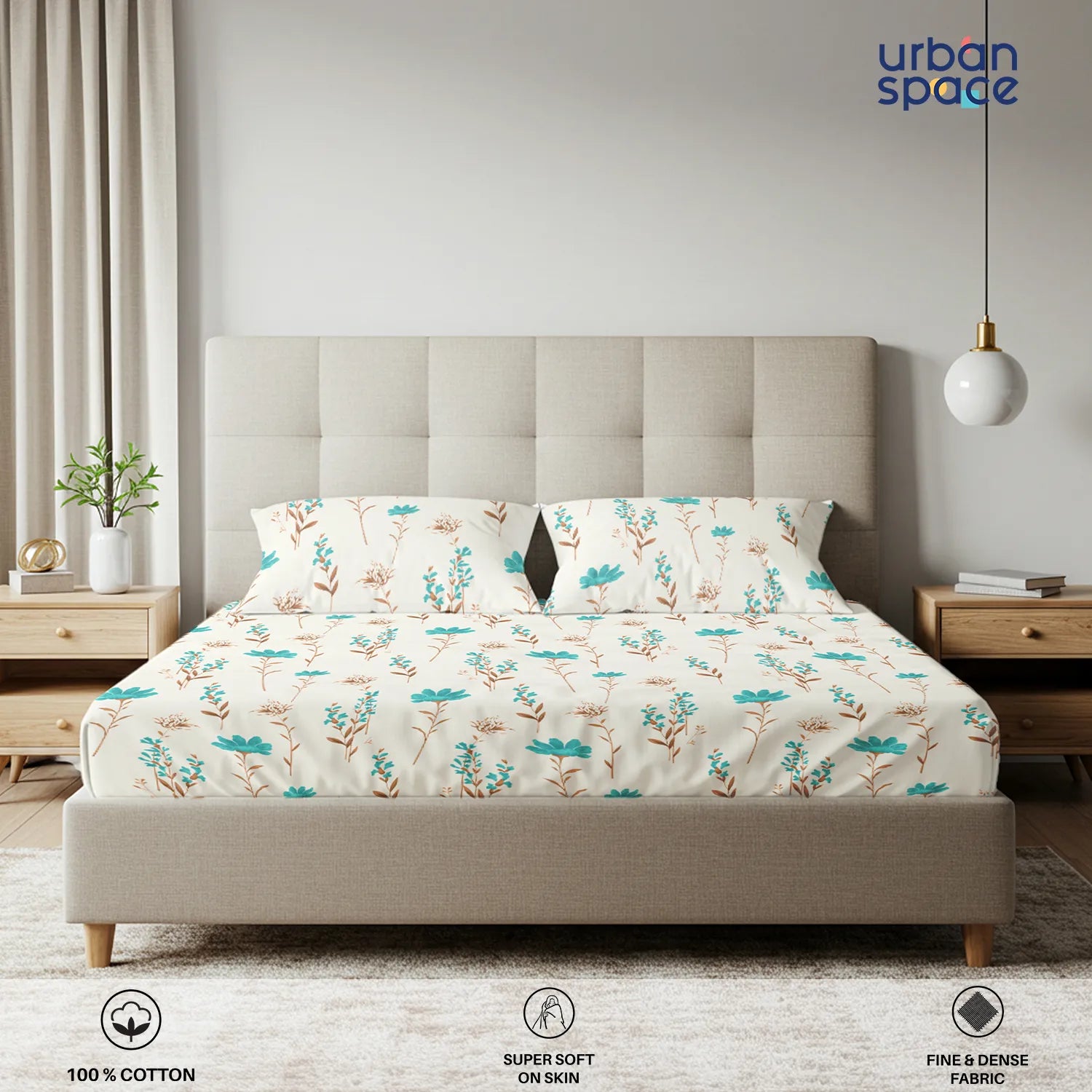 Serene 200 TC 100% Cotton Bedsheet with Pillow Covers - Orchid Blooms - Turquoise