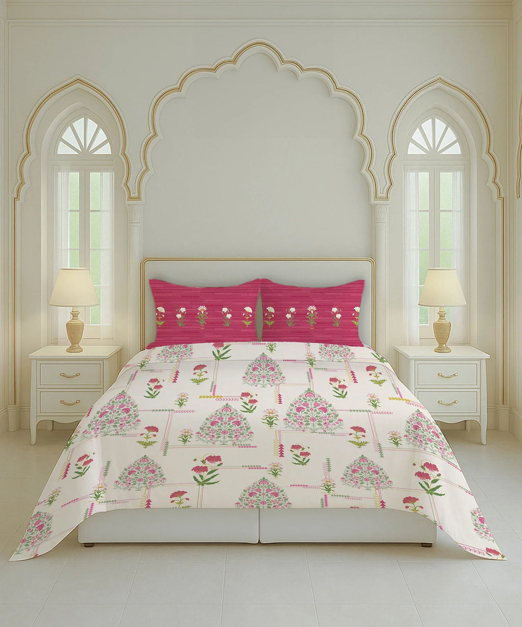 Home Essential Royal Bloom Queen Bedsheet Set, Gilded Dream Pink| 144TC Cotton| 2 Pillow Covers
