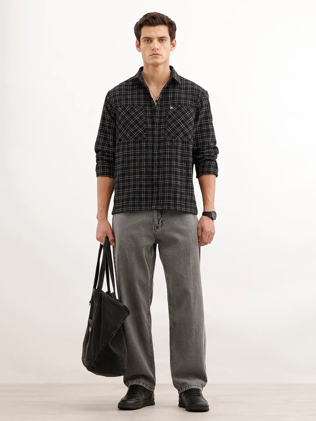 Comfort Fit Textured Double Pocket Shirt  | Black