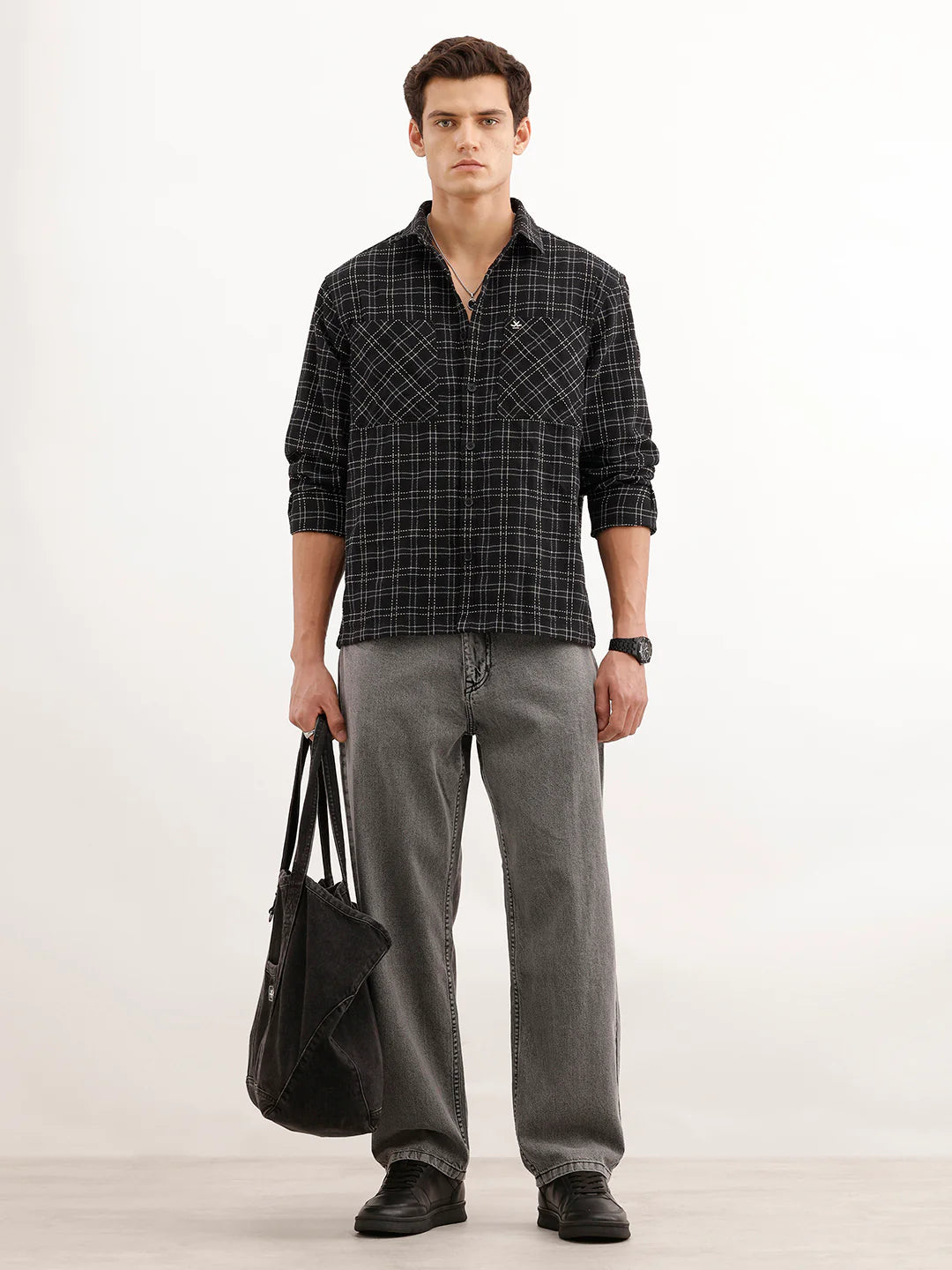 Comfort Fit Textured Double Pocket Shirt  | Black