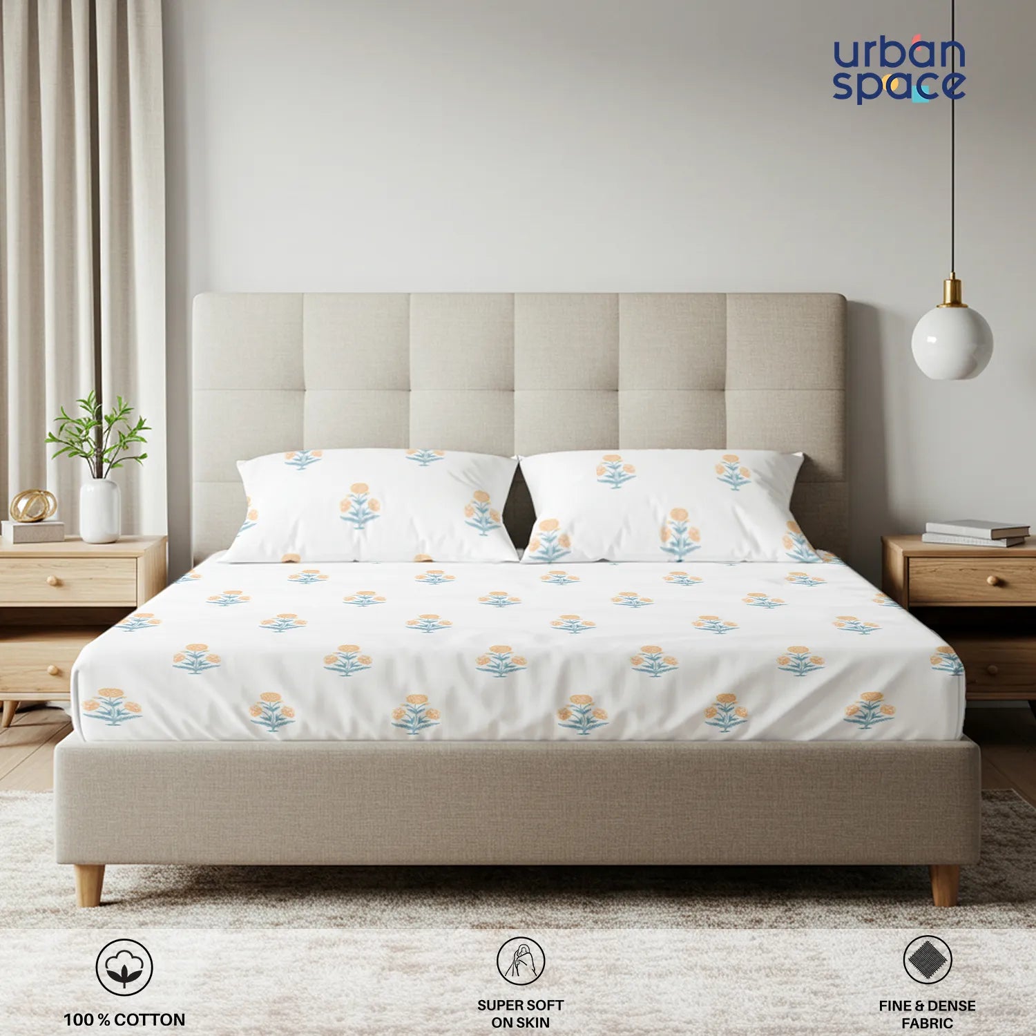 Serene 200 TC 100% Cotton Bedsheet with Pillow Covers - Sunflower - Yellow