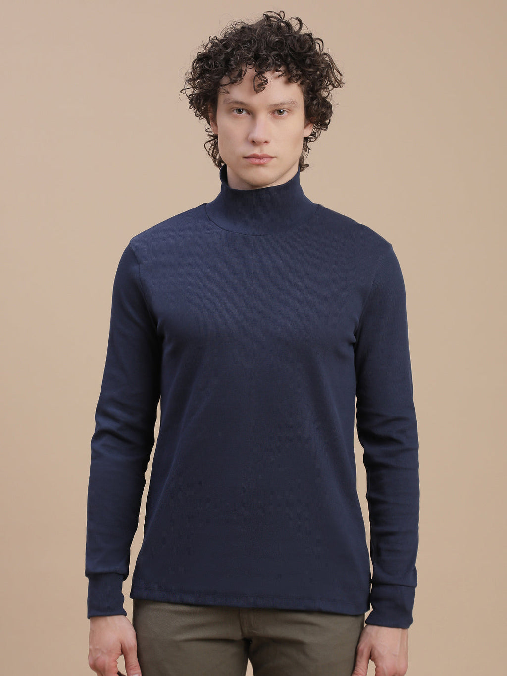 Men Navy Turtle Neck Long Sleeve Tees