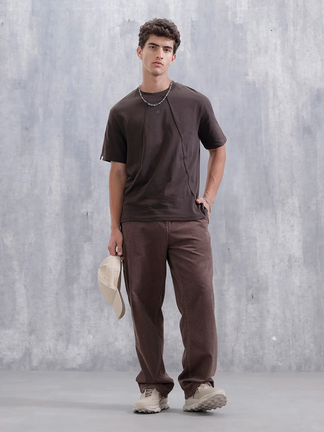 Men Solid Comfort Fit Tshirt With Pipping Detail | Dark Brown