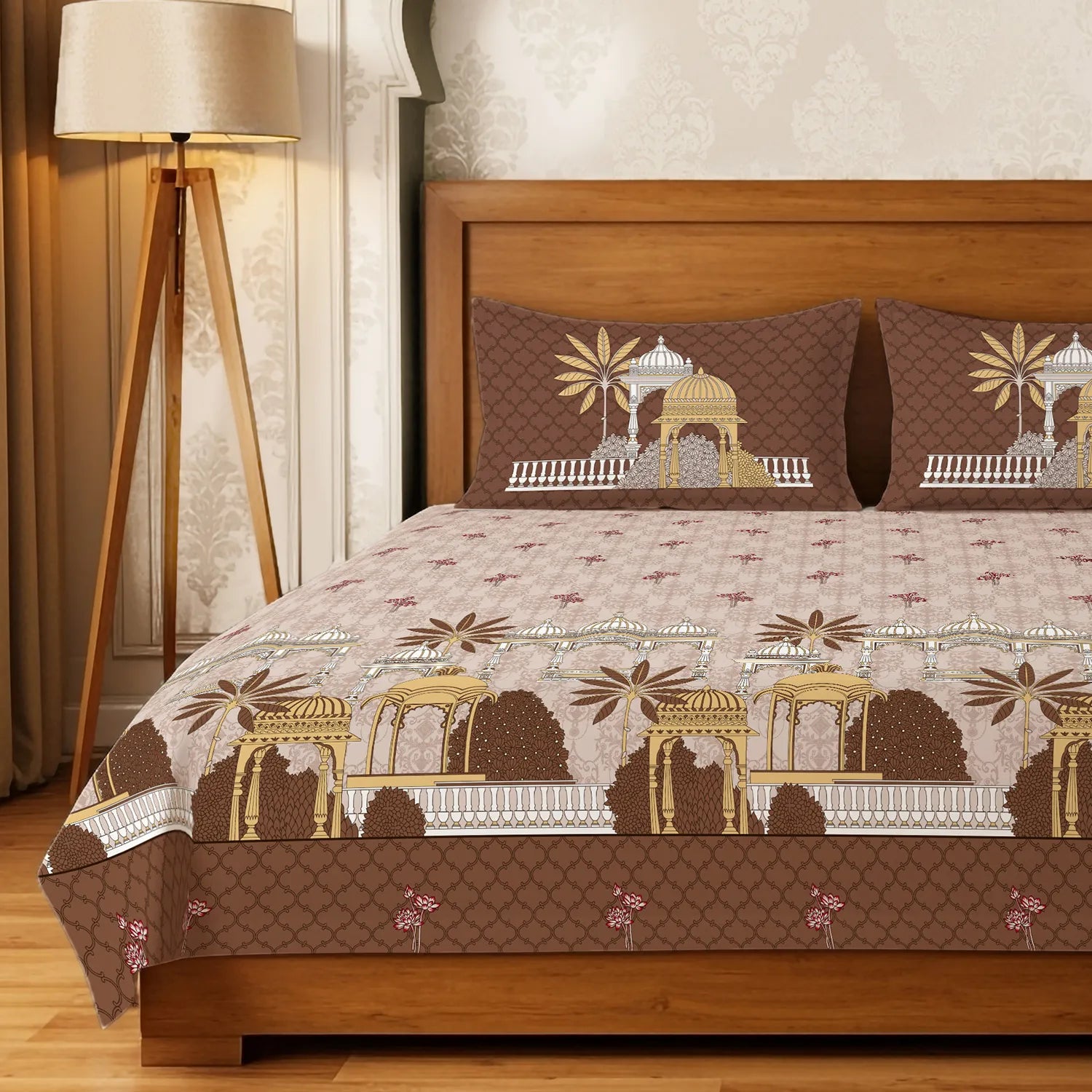 Serene 300 TC 100% Cotton Bedsheet with Pillow Covers, Panel Design - Aangan Brown