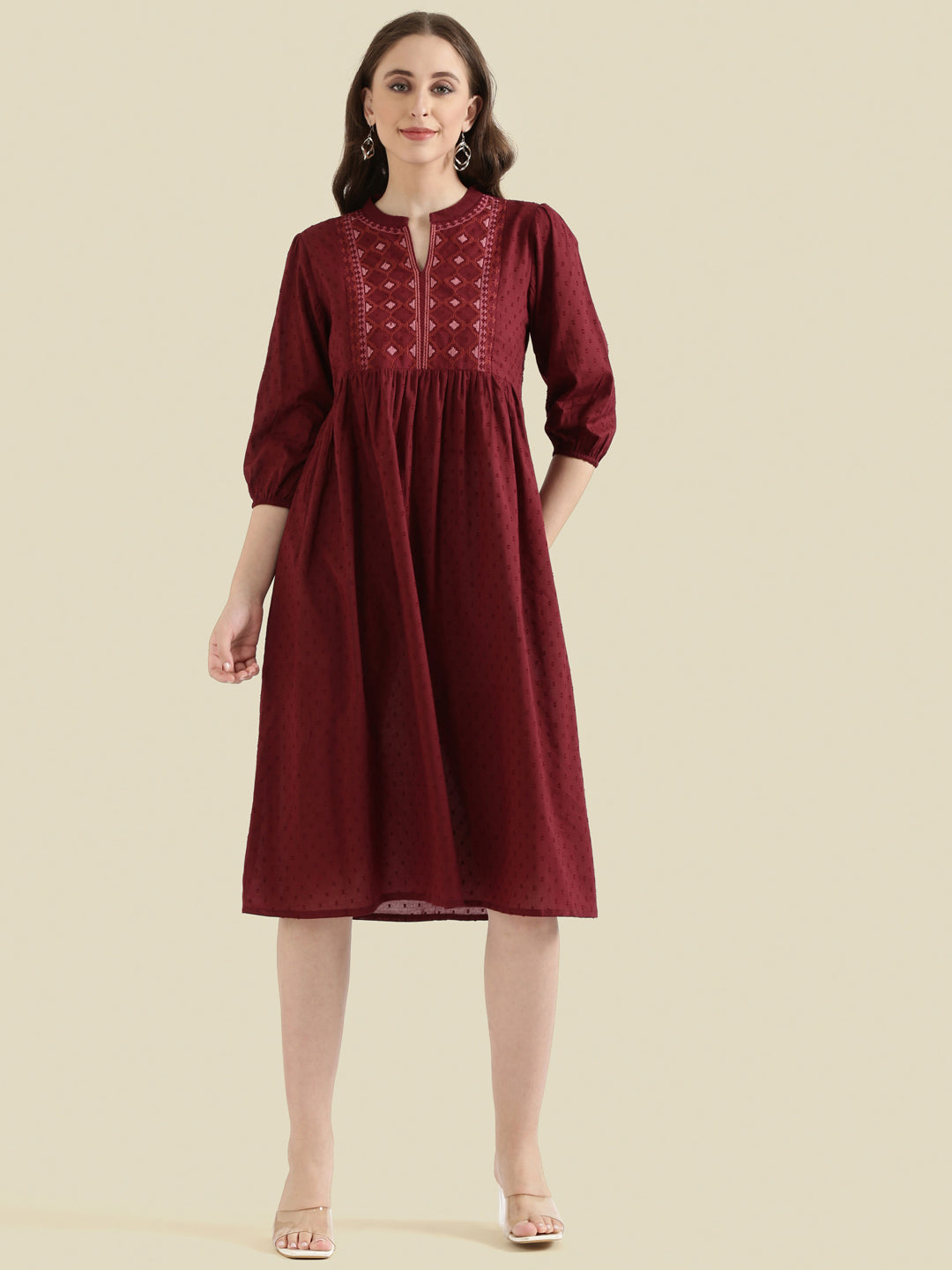 Cotton Dobby Geometric Embroidered Yoke Gathered Midi Dress