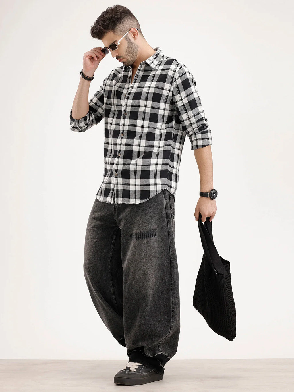Regular Fit Checkered Shirt | Black