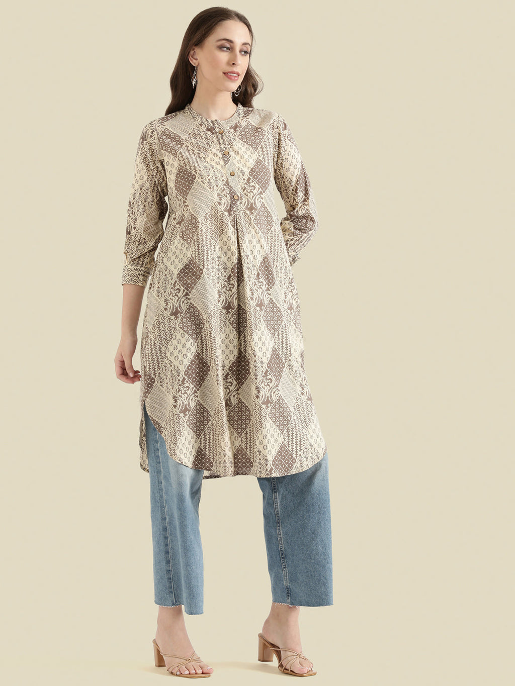 Cotton Patchwork Block-Print Loose Fit Kurta