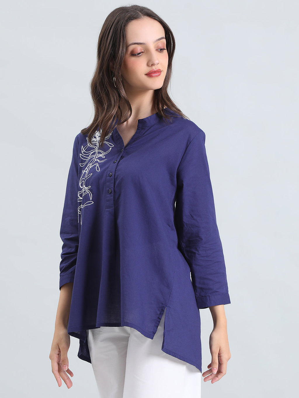 Cambric Cotton Thread Embroidered Mandarin Collar Longline Shirt