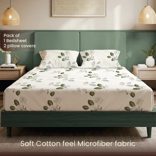 200 TC Glaced Cotton Microfiber Bedsheet with Pillow Covers - Tea Leaves
