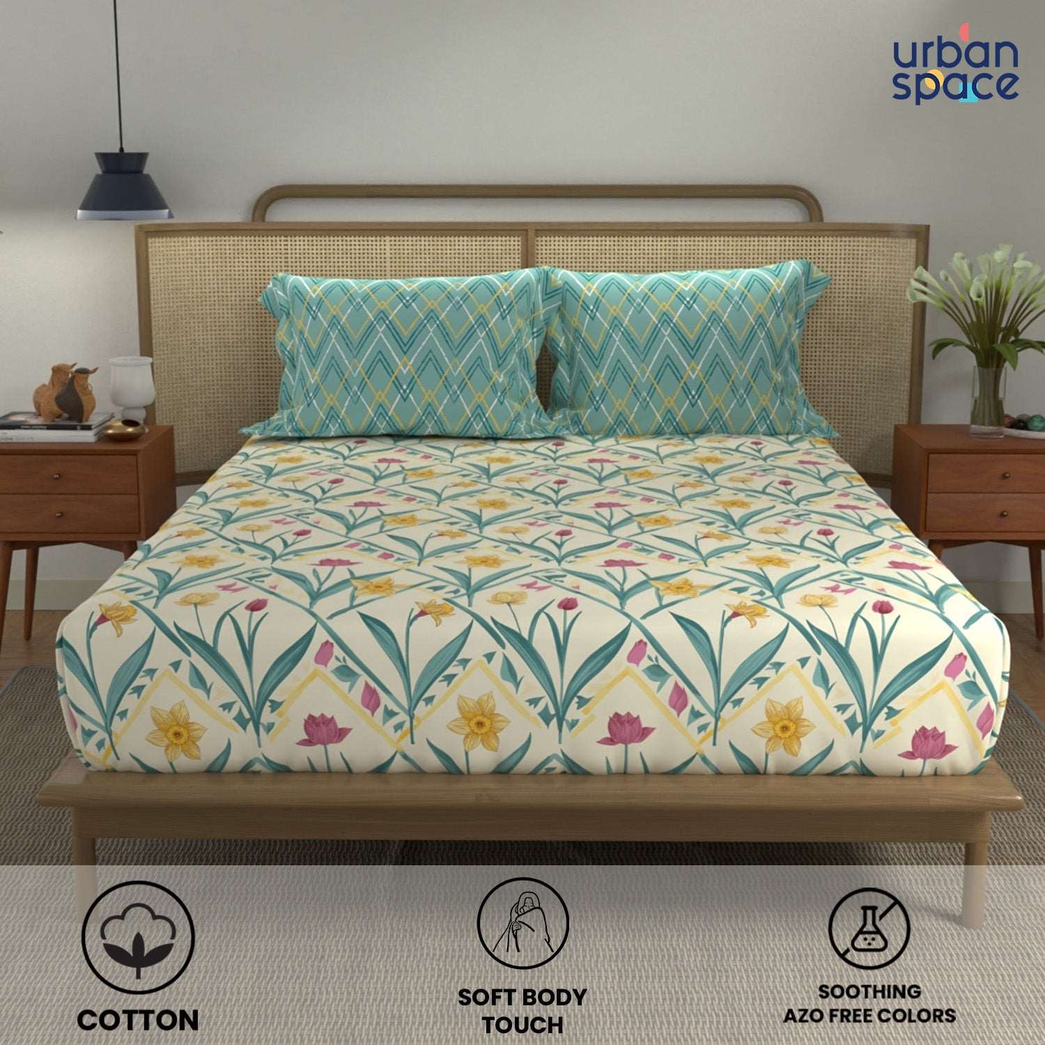 Divine Collection - Cotton Bedsheet With 2 Pillow Covers, Spring Turquoise