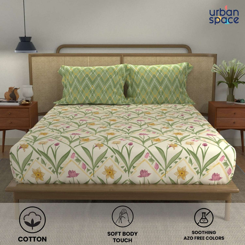 Divine Collection - Cotton Bedsheet With 2 Pillow Covers, Spring Sage Green