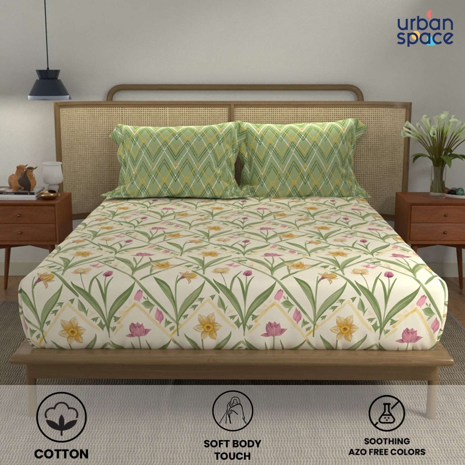Divine Collection - Cotton Bedsheet With 2 Pillow Covers, Spring Sage Green