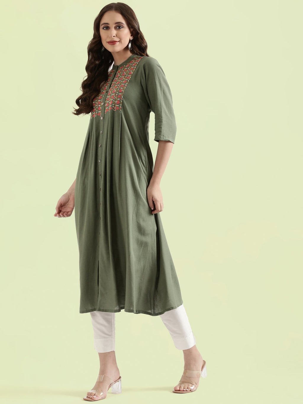 Floral Vine Embroidered Yoke A-Line Long Kurta