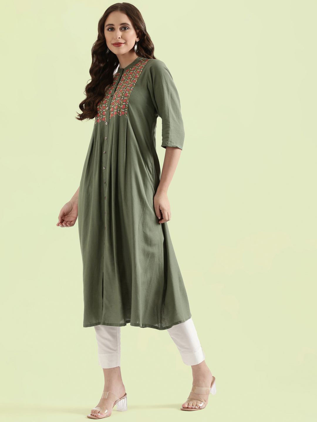 Floral Vine Embroidered Yoke A-Line Long Kurta