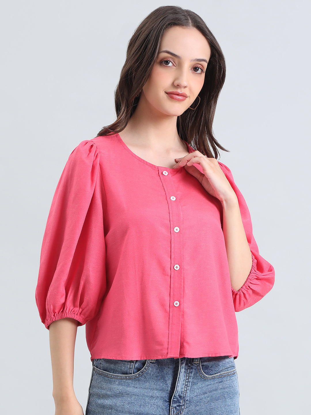 Linen Puff Sleeve Crew Neck Shirt