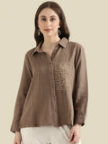 Cotton Pin-Tuck Floral Embroidered Patch Clasic Collar Shirt