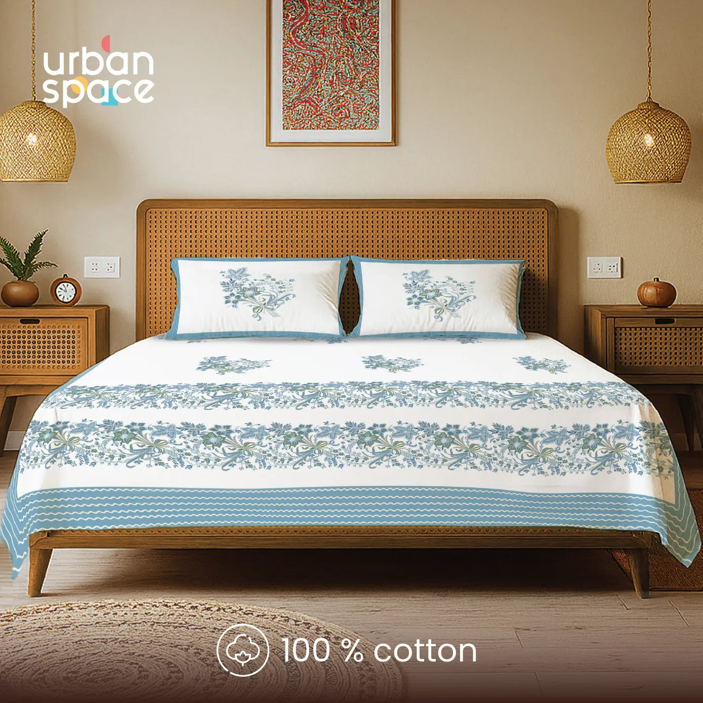 Rajasthani Ethnic 100% Cotton Bedsheet with 2 Pillow Covers - Taarini Blue