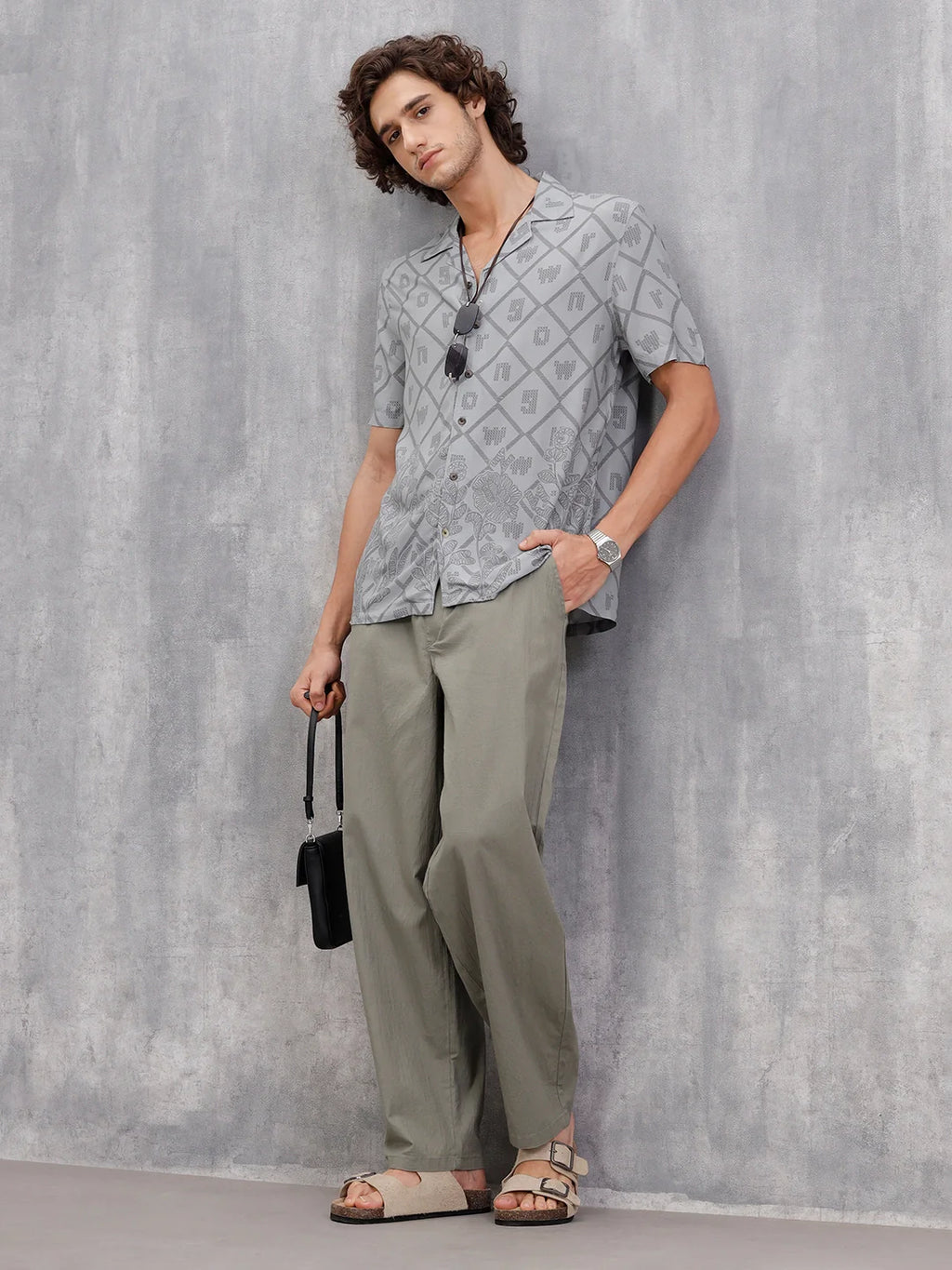 Fluid Placement Print Shirt In Resort Collar  |  Grey