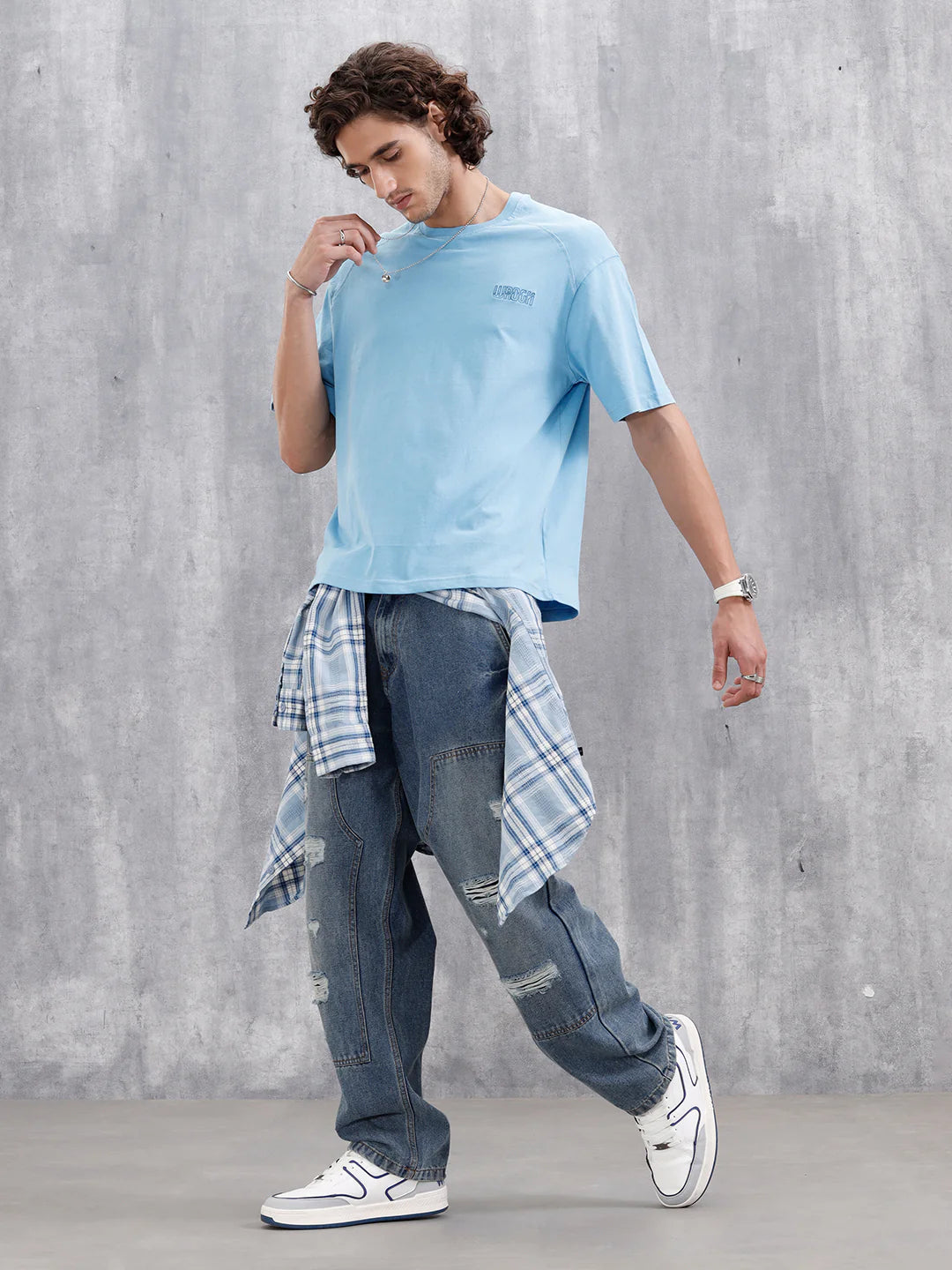 Oversized Crew Neck T-Shirt With Puff Print | Light Blue