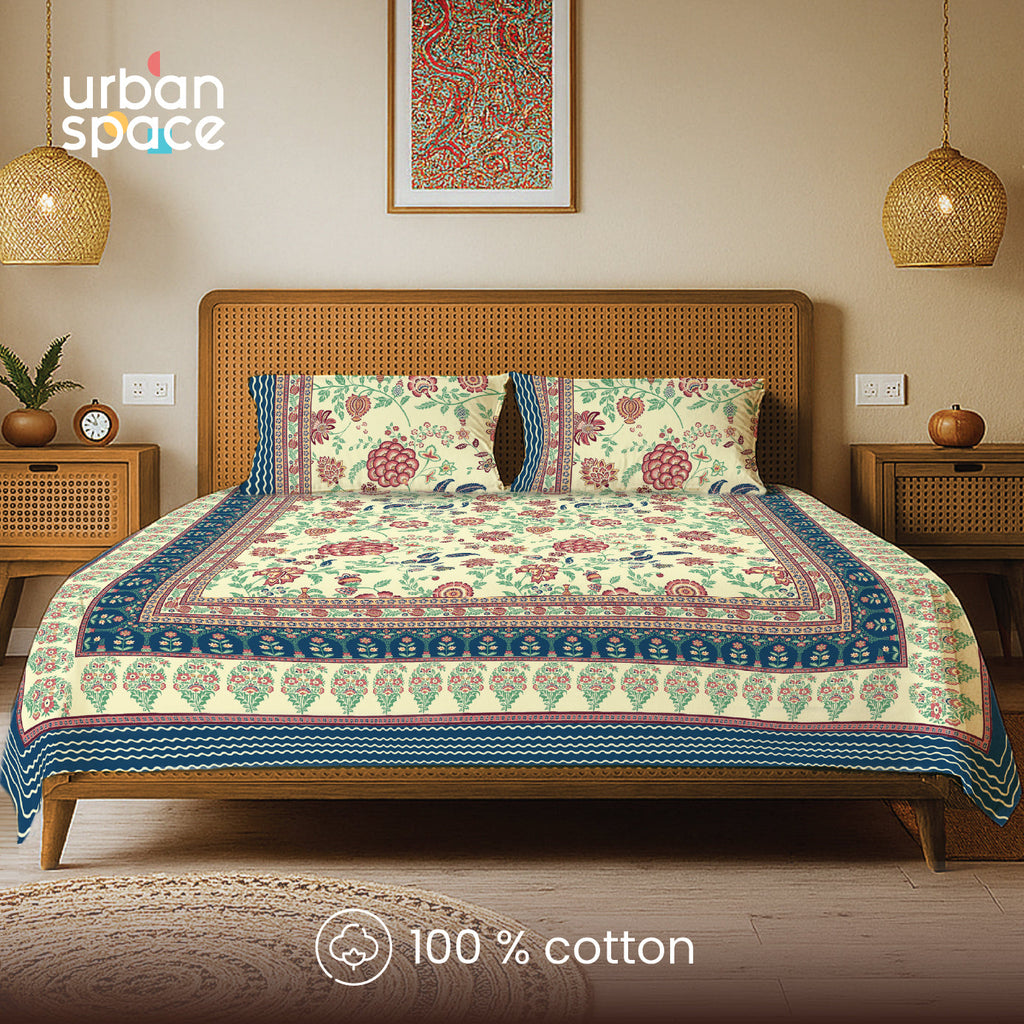 Rajasthani Ethnic 100% Cotton Bedsheet with 2 Pillow Covers, Double & King Bed - Gulbagh Navy