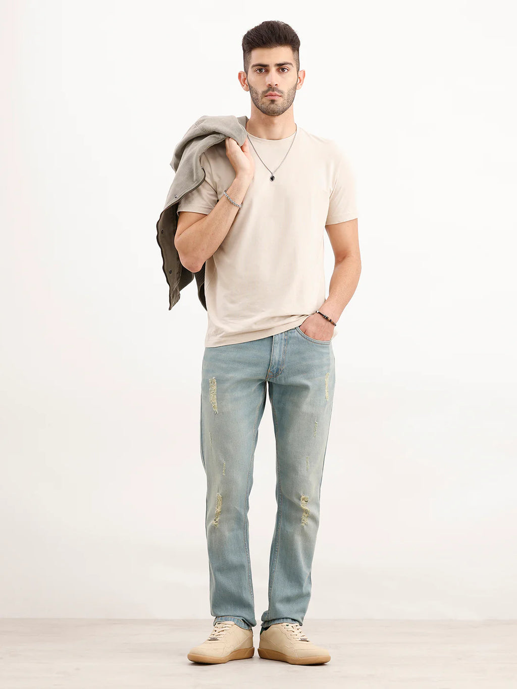 Faded Slim Fit Distressed Denim Jeans | Light Blue