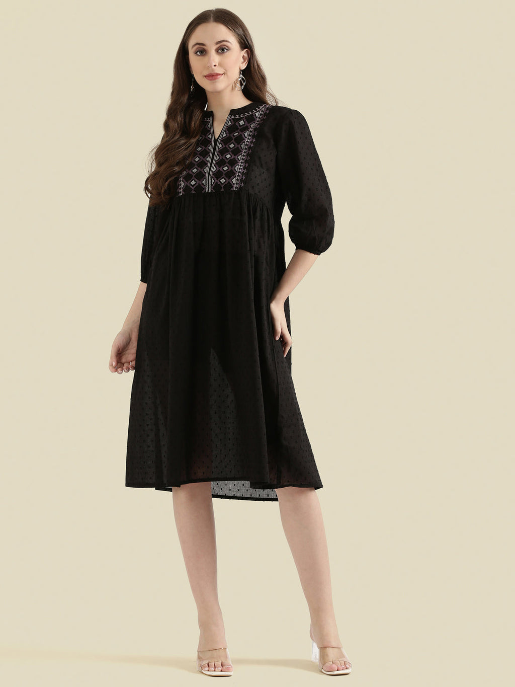 Cotton Dobby Geometric Embroidered Yoke Gathered Midi Dress