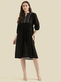 Cotton Dobby Geometric Embroidered Yoke Gathered Midi Dress