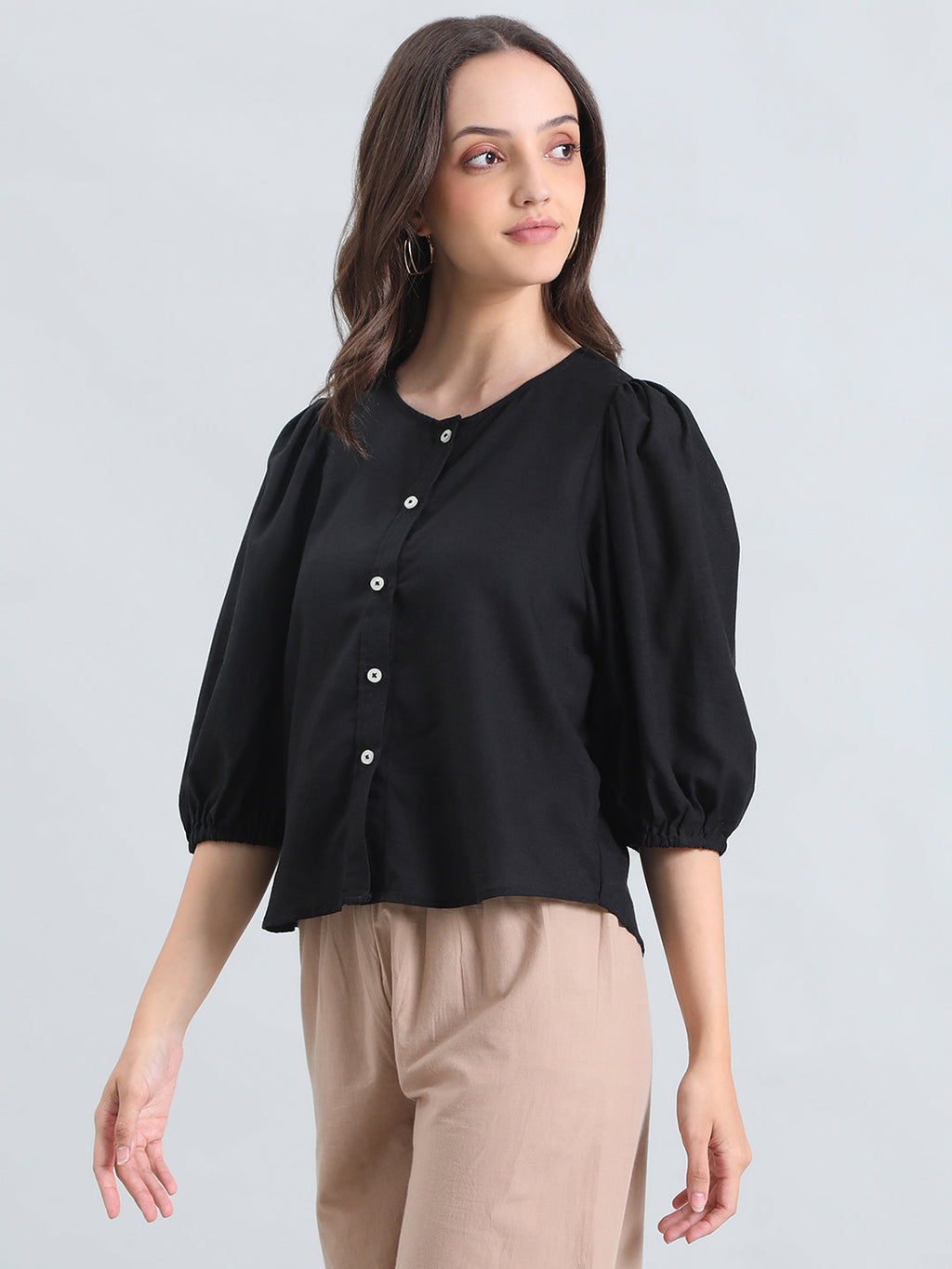 Linen Puff Sleeve Crew Neck Shirt