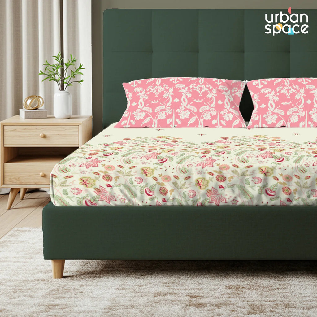 Serene 200 TC 100% Cotton Bedsheet with Pillow Covers - Vine Gardens Peach Pink