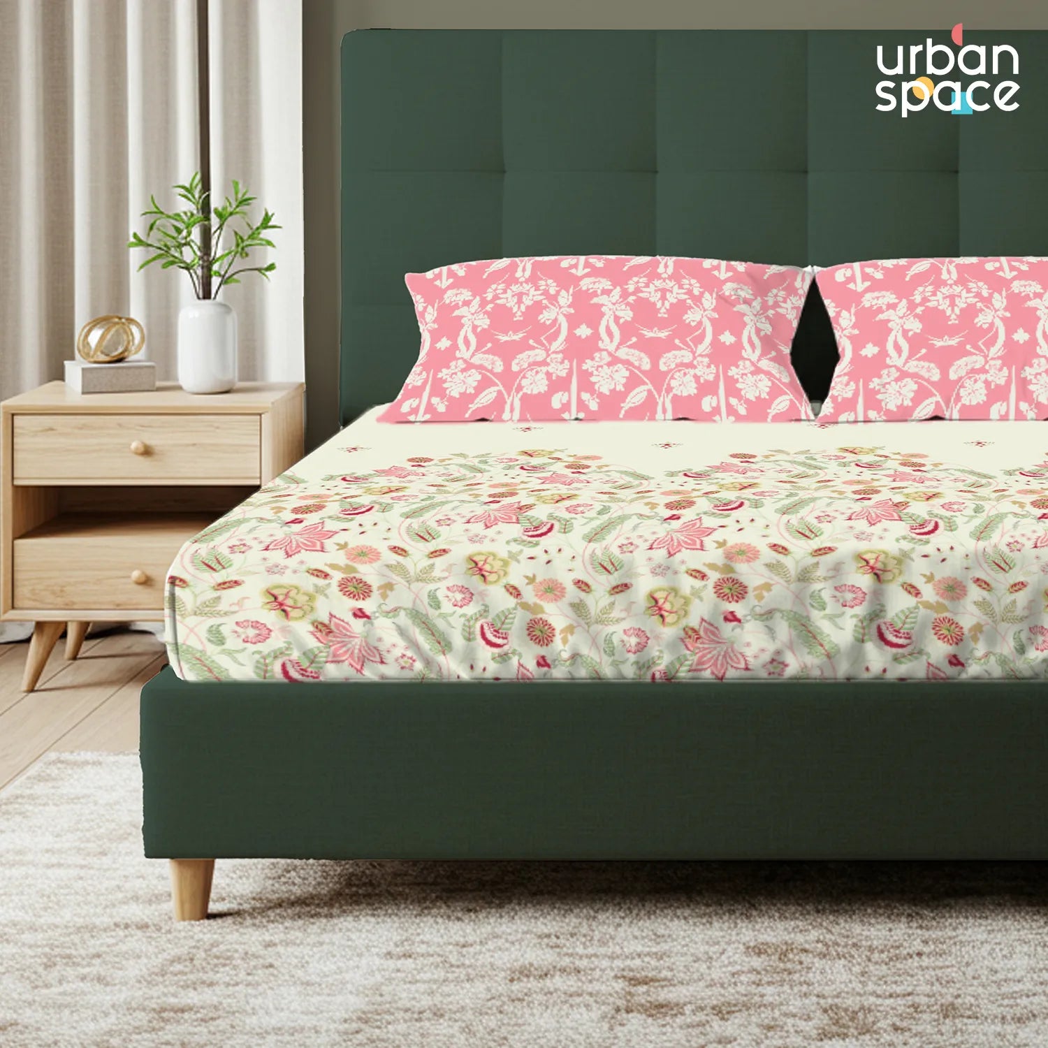 Serene 200 TC 100% Cotton Bedsheet with Pillow Covers - Vine Gardens Peach Pink