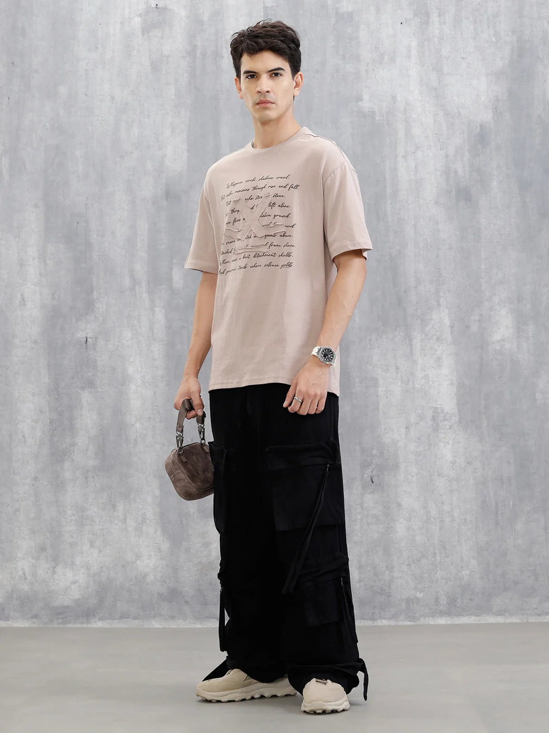 Embroidered Logo Oversized T-Shirt | Beige