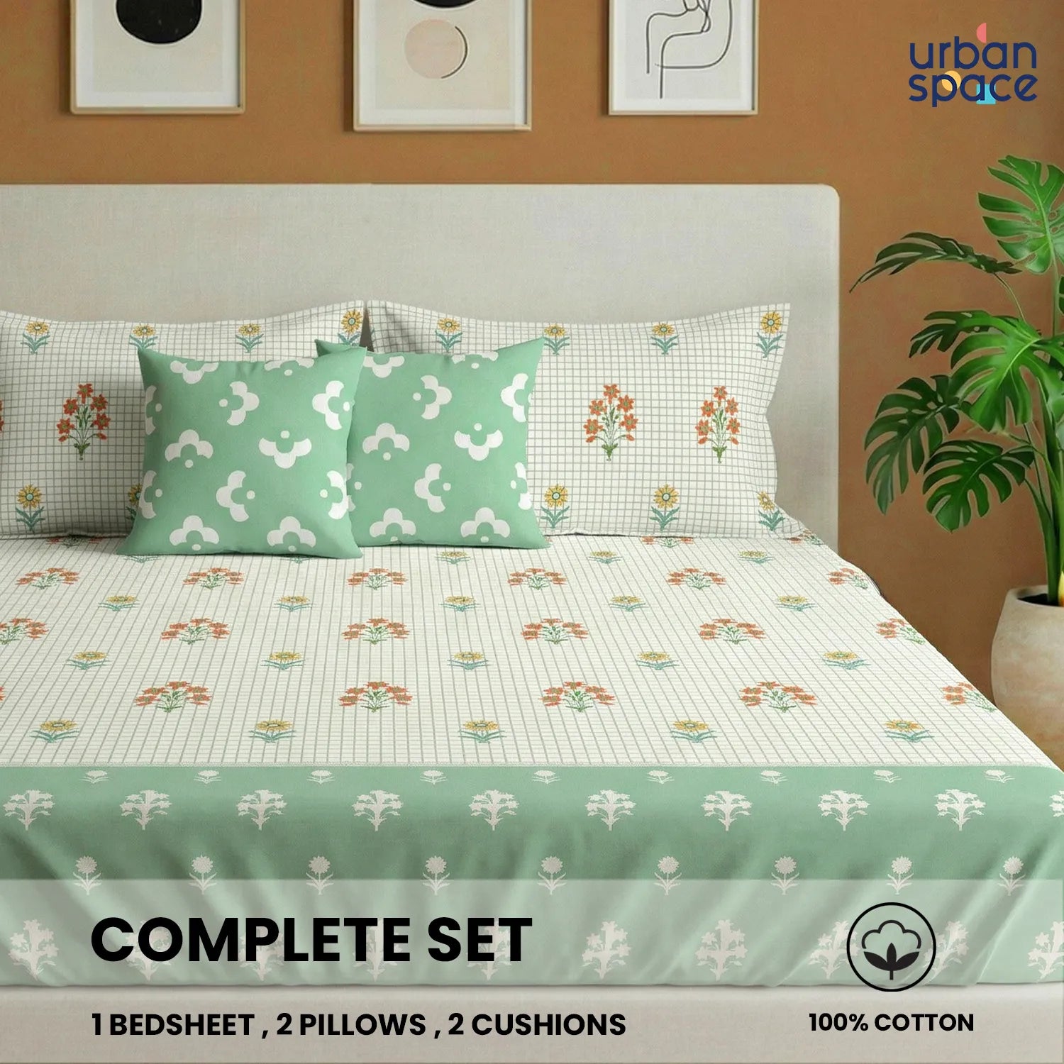 5 PC Cotton Double Bedsheet Set with 2 Pillow + 2 Cushion Covers - Magnolia Sage Green