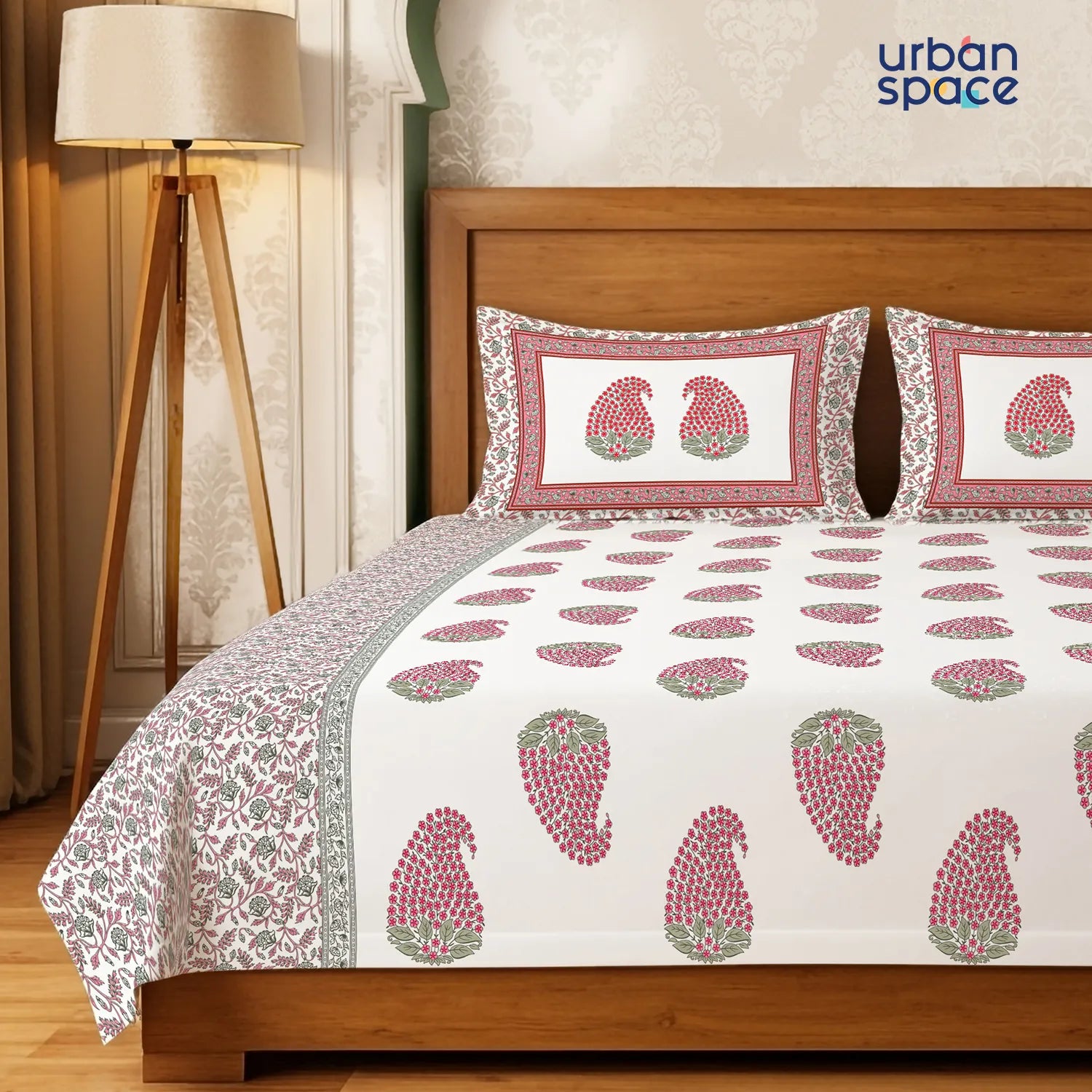 Serene 300 TC 100% Cotton Bedsheet with Pillow Covers, Panel Design - Kairavi Pink