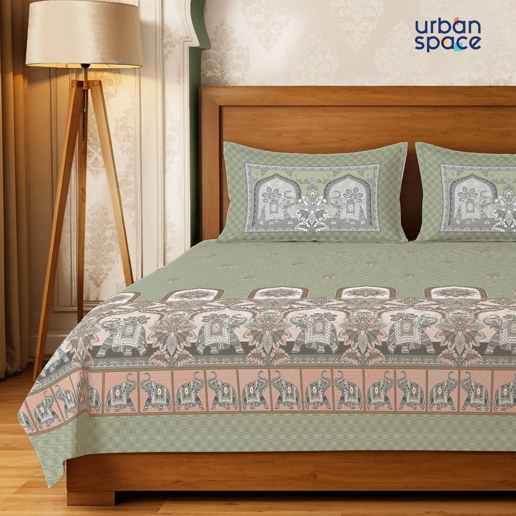 Serene 300 TC 100% Cotton Bedsheet with Pillow Covers, Panel Design - Vanraj Sage Green