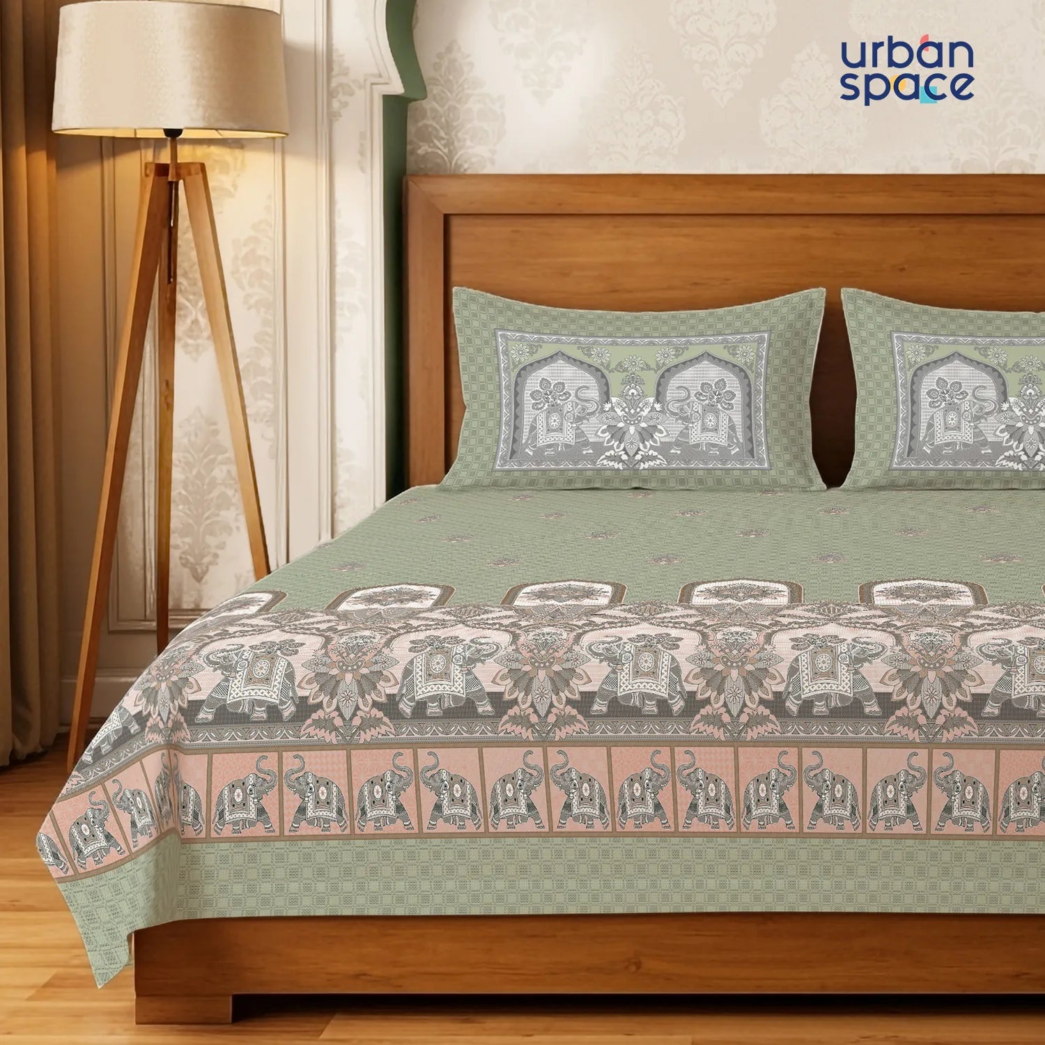 Serene 300 TC 100% Cotton Bedsheet with Pillow Covers, Panel Design - Vanraj Sage Green