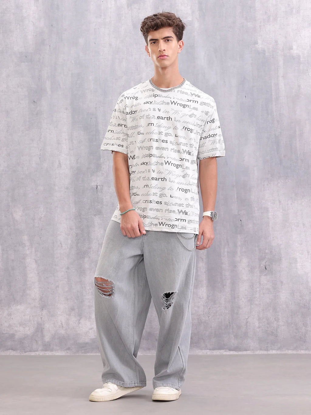 Typo Inspired Aop Oversized Fit T-shirt | Light Grey