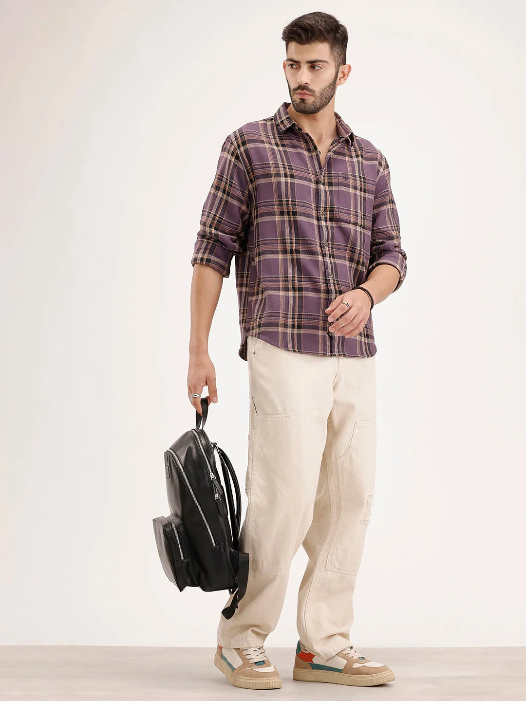 Comfort Fit Herringbone Checkered Shirt | Purple