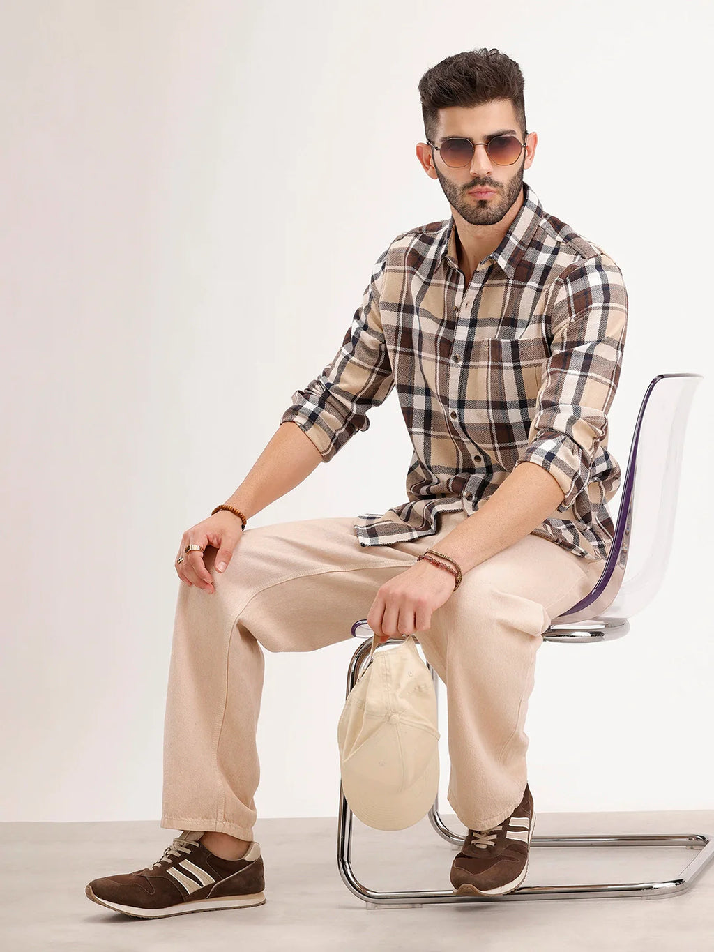 Slim Fit Herringbone Checkered Shirt | Brown